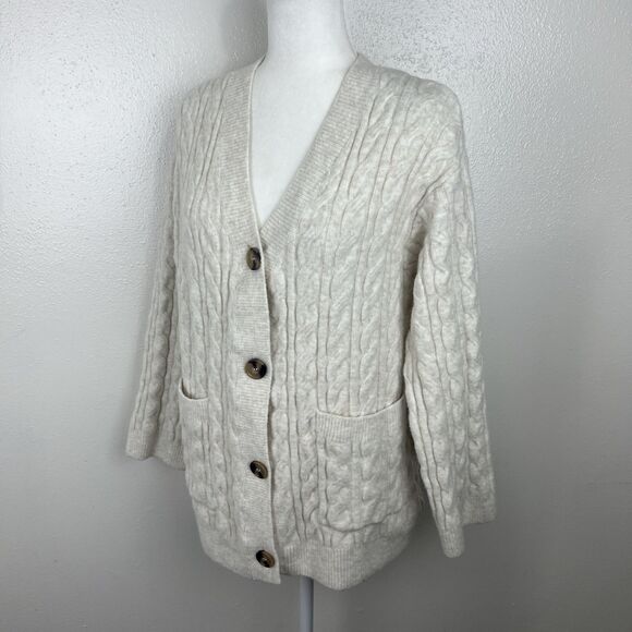 H&M Sweater Women Small Tan Knit Cardigan Button Up Wool Blend Grampa Pockets - Picture 2 of 14